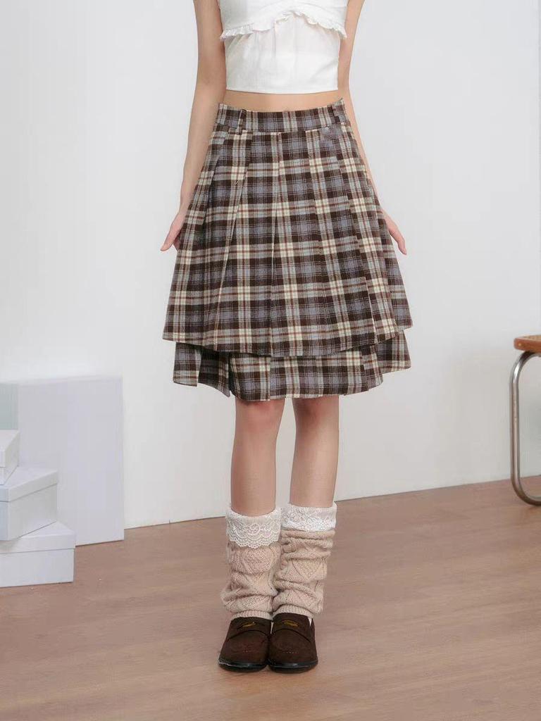 2025 Herbst/Winter Retro Karomuster Patchwork A-Linie Mittellanger Rock - Koreanischer Stil, Doppellagig & Falten