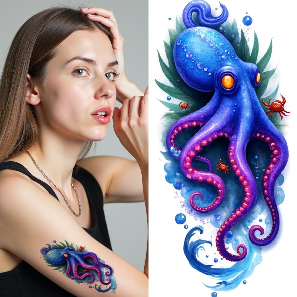 12pcs Temporary Tattoo Colorful Realism Octopus Robot Jellyfish Seahorse For Back Men Women