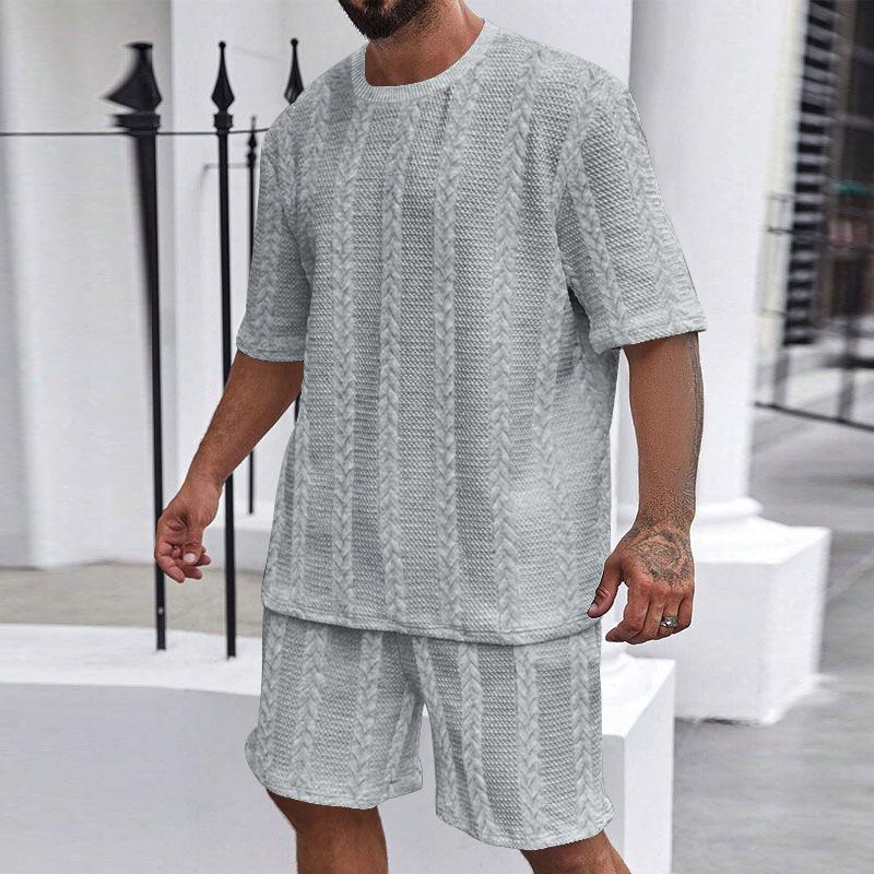 Men's Knit Jacquard Summer Casual Set: Round Neck Pullover & Shorts