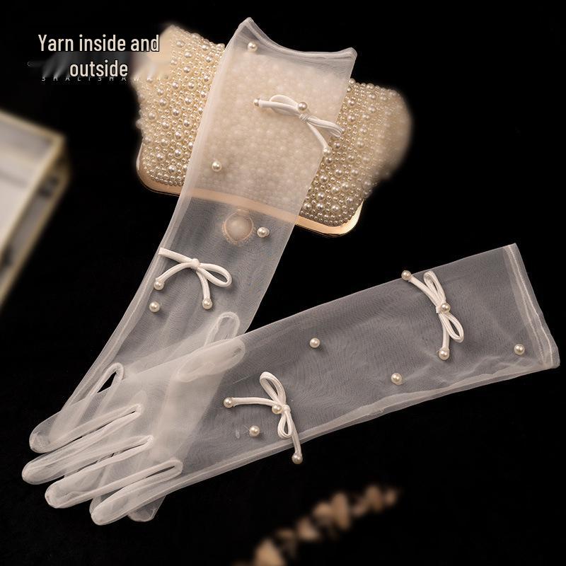 Pearl Bow Lace Wedding Gloves - Mid-Length, White Mesh, Photography Accessory