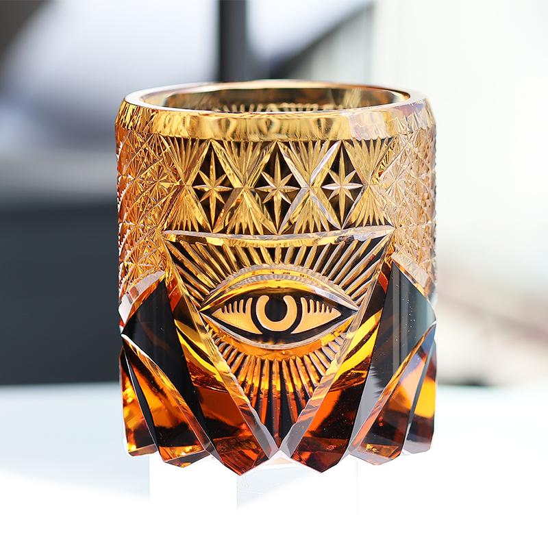 

220 Ml New Edo Kiriko Hand Engraved God S Eye Whiskey Tumbler Amber Luxury Man S Style Heavy Black Old Fashioned Glass about 220ml
