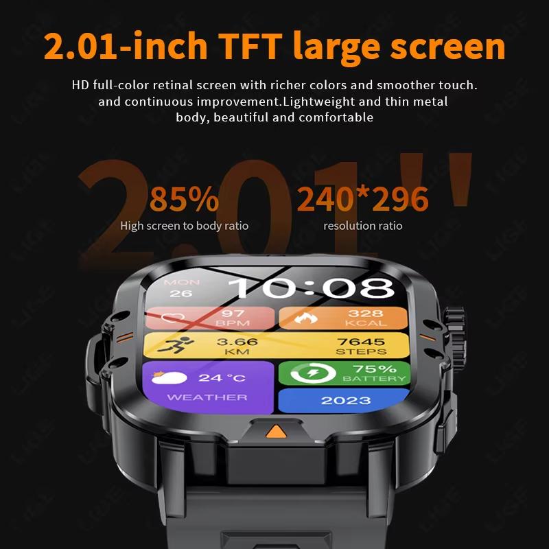 2025 Nieuwe 2.01-inch HD Scherm Heren Smartwatch met Zaklamp Buitensporten Heren Horloge IP68 Waterdicht Gezondheidsmonitor Oproep Smartwatch