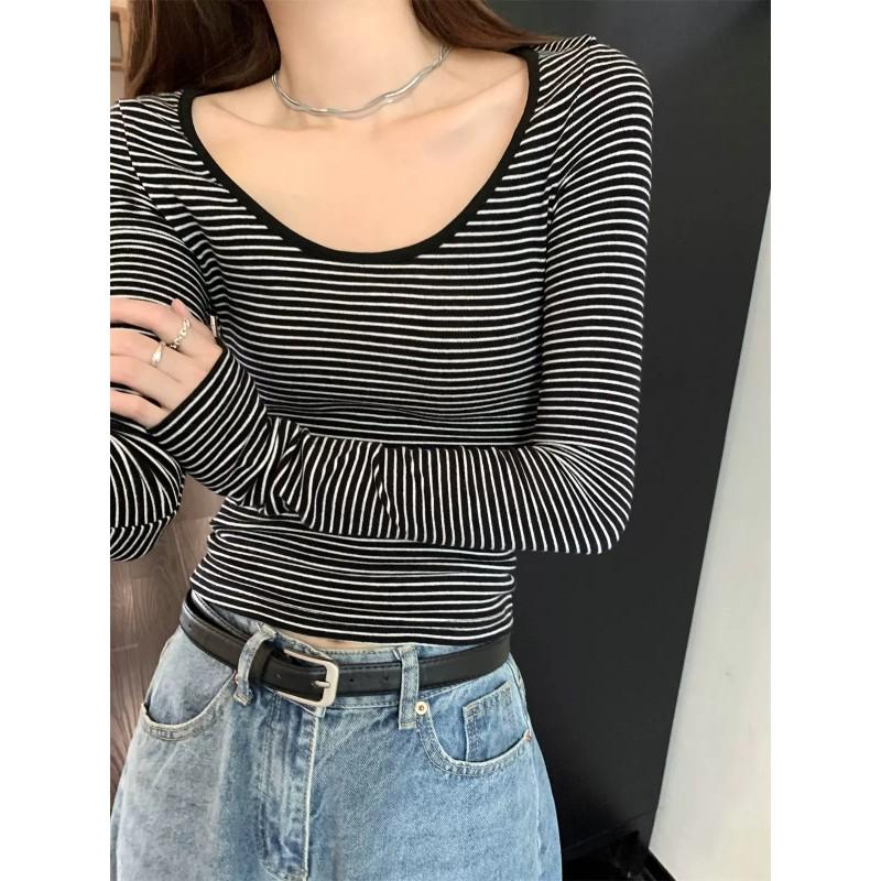 Womens Slim Fit Long Sleeve T Shirt Casual Striped Color Block Top Basic Crew Neck Fall