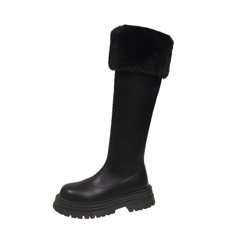 Fur Flats Platform Women High Boots Fad Mid Heels Shoes Plush Warm Knee High Snow Boots Winter 2025 Trend Goth Pumps Botas Mujer