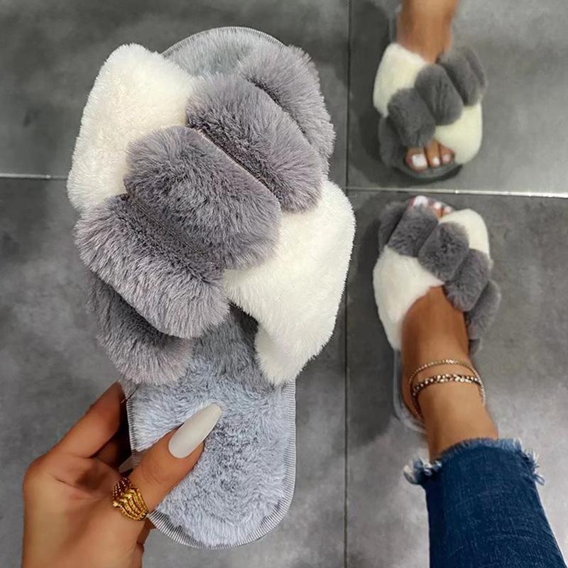 Fashion Contrast Color Cross Strap Plush Slippers for Women Winter Fashion Fluffy House Slippers Woman Cozy Warm Faux Rabbit Fur Slides