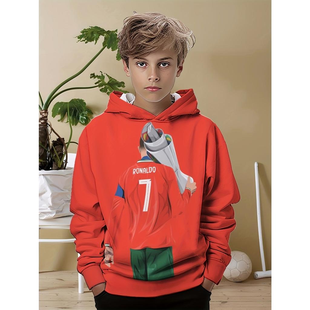 Children's Hoodie with Letter C Pattern, Trendy Children's Hoodie for Boys, Casual Hooded Long Sleeved Pullover
