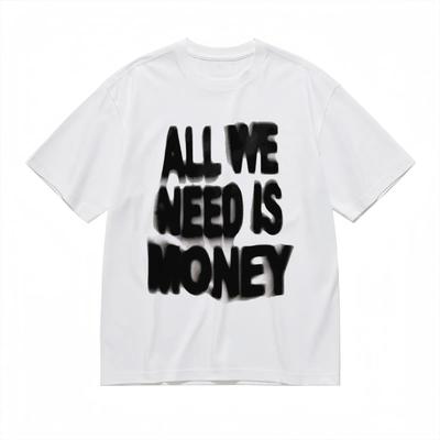 Pánská a dámská retro volná trička _All We Need Is Money_ Vzor s potiskem Bílá a černá Krátký rukáv Nadměrná velikost Volná měkká
