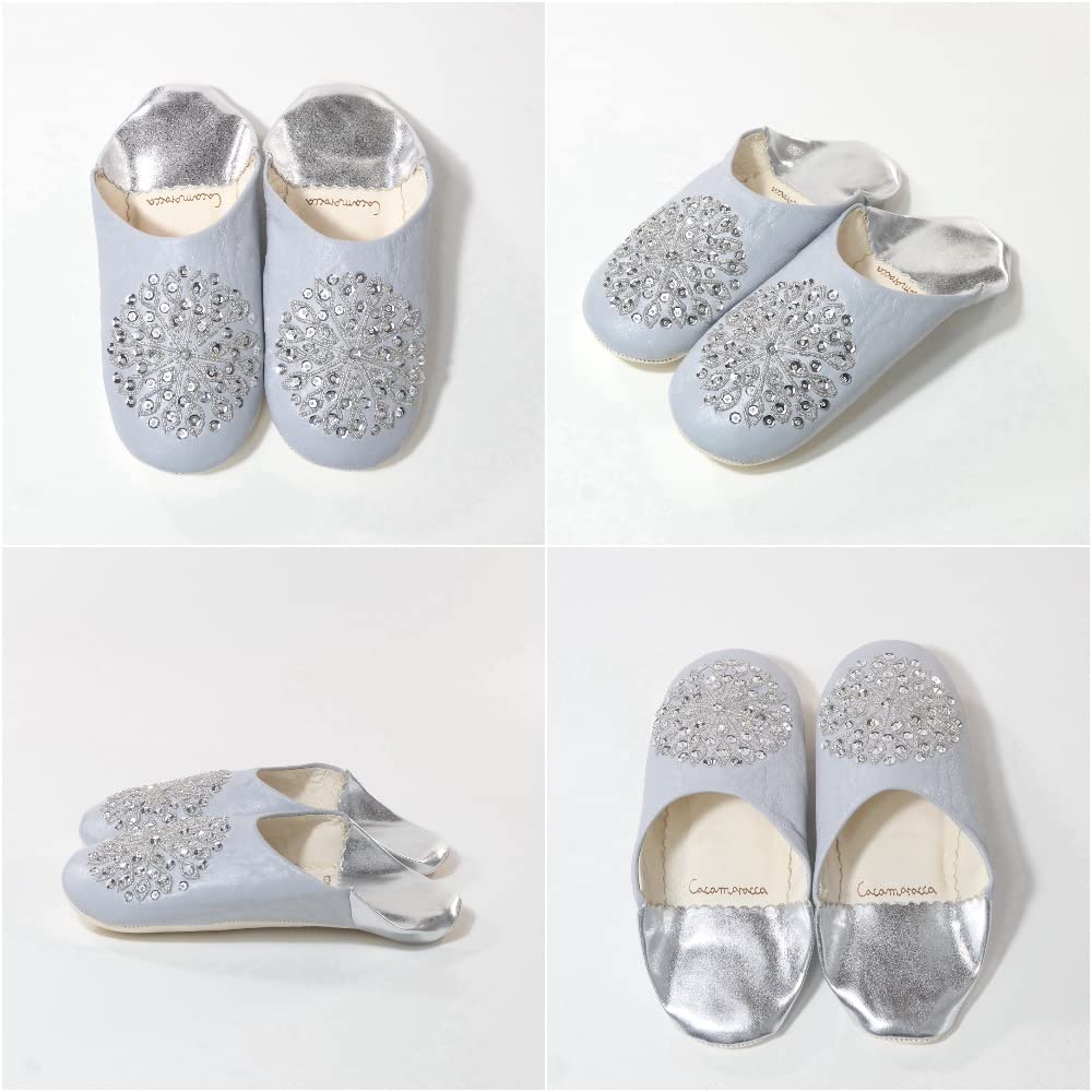 Odorless Leather Babouche Moroccan Soft Gray and Silver Silver Room Day Gift [cocomorocco] Slippers, (with Sequins), Shoes, Cocomorocco, Mother's