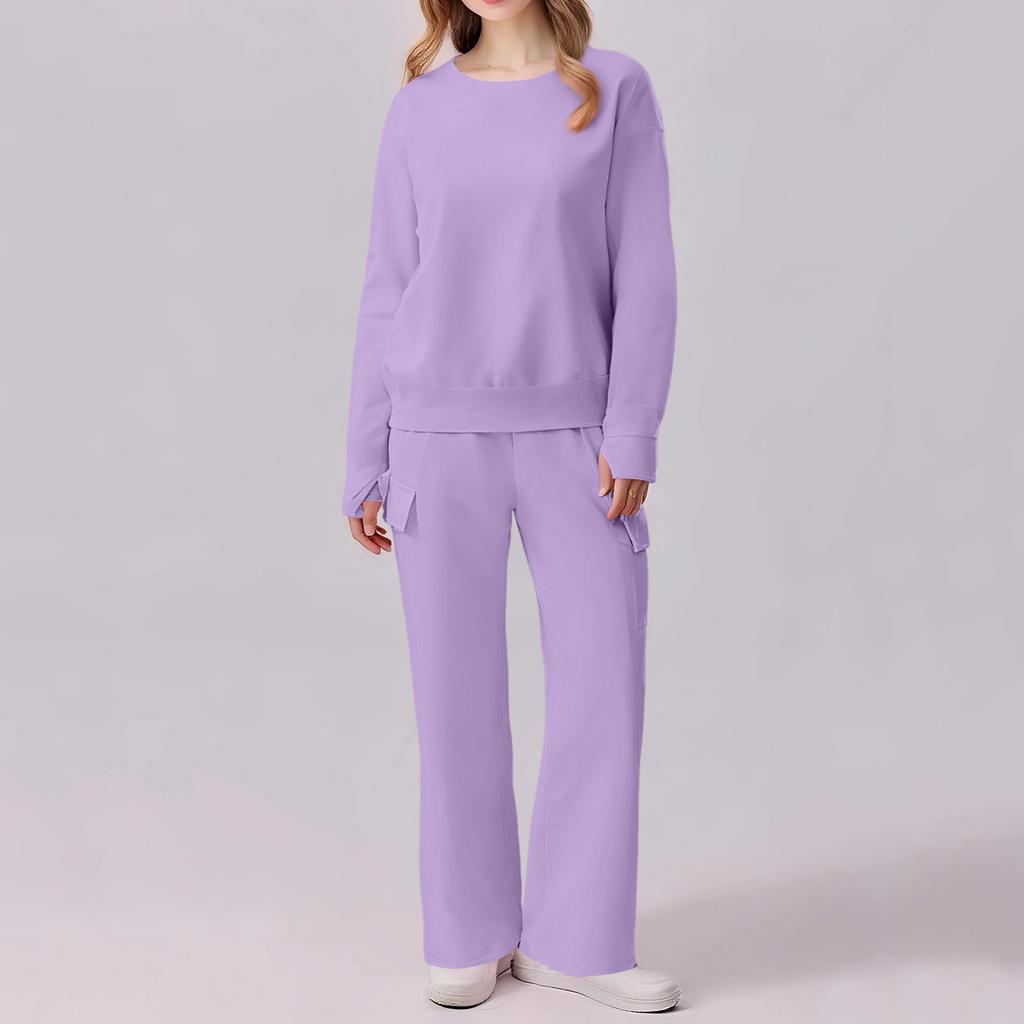 Women's 2-piece Casual Round Neck Sportswear Suit Loose And Fashionable Wide-leg Multi-pocket Sports Pants Suit