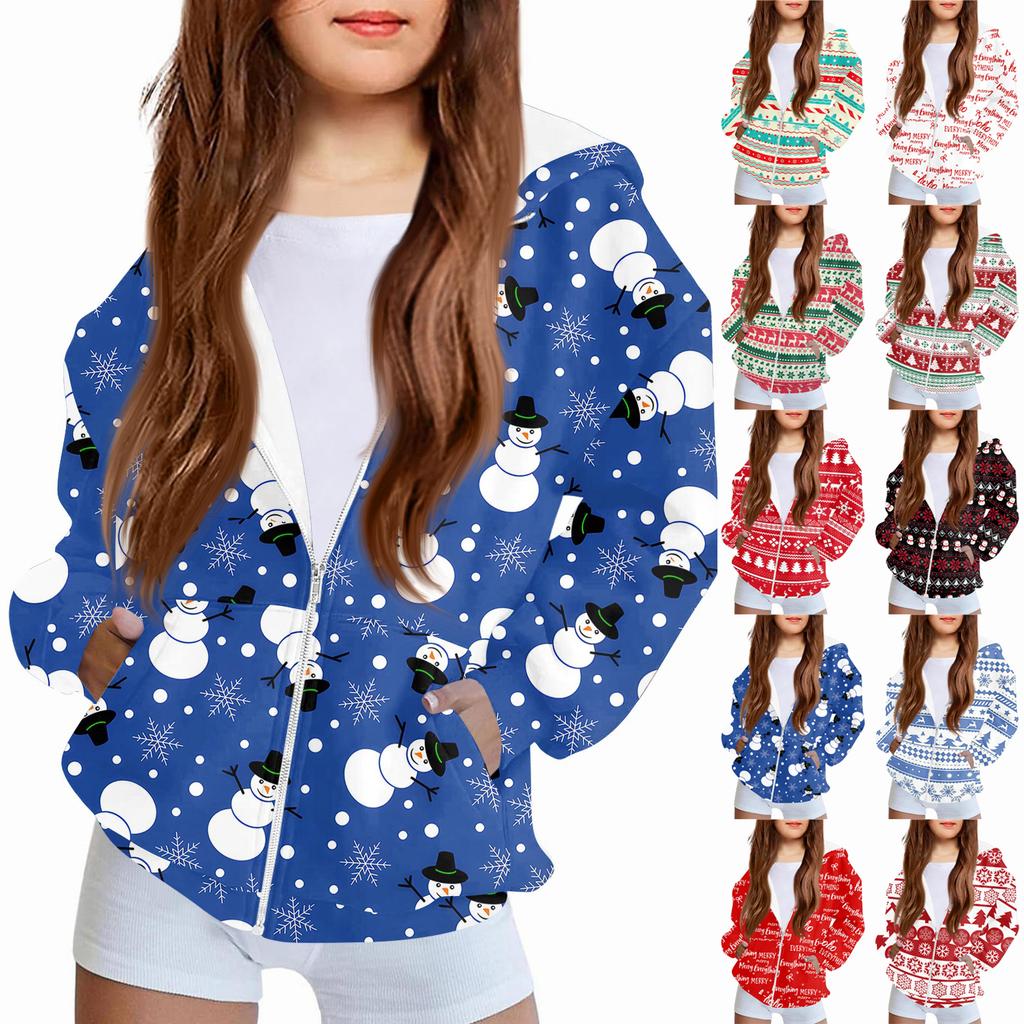 Children's Fashion Christmas Printed Long Sleeved Hooded Sweatshirt, Girls' Hoodie Jacket