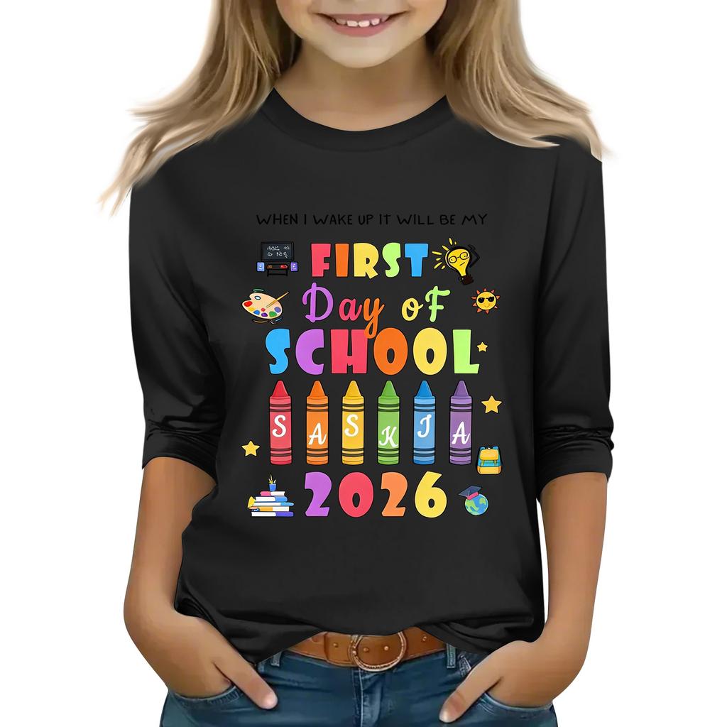 Kids Printed Three-Quarter Sleeve Round Neck Top for Back To School Casual Wear
