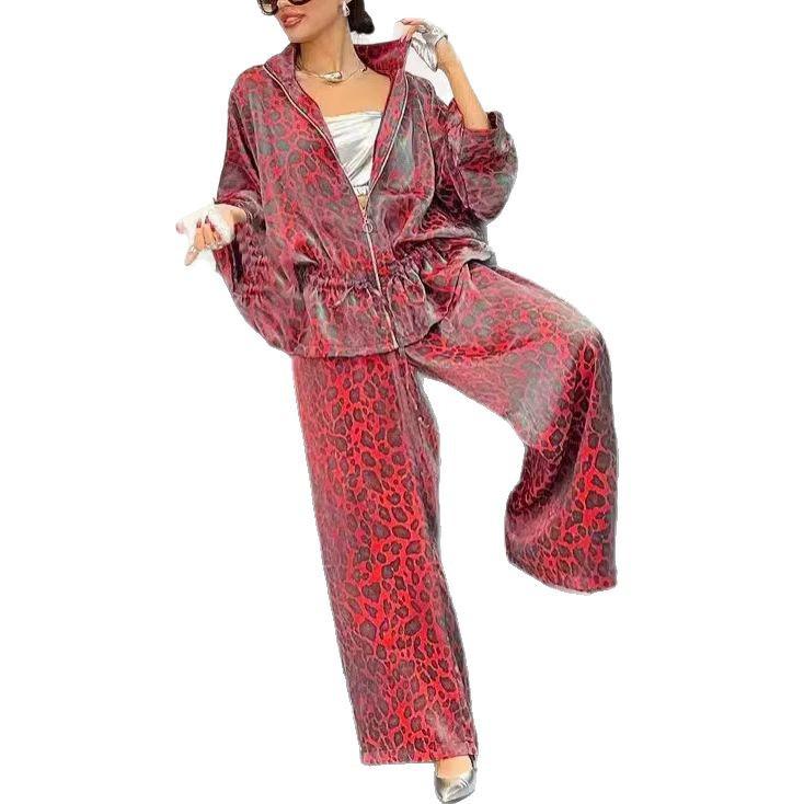 Damen Leopardenmuster Umlegekragen Kordelzug Taille Lässiges Set