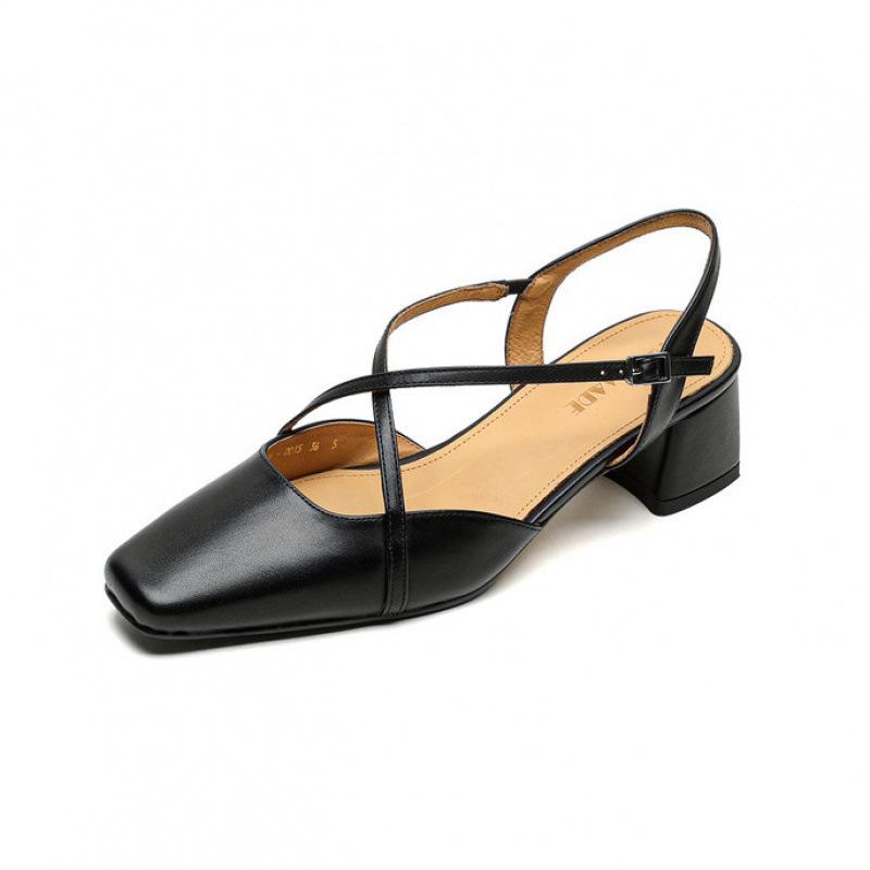 New beef tendon soft sole middle heel sandals summer women's bag head sandals leather casual size rear empty sandals women