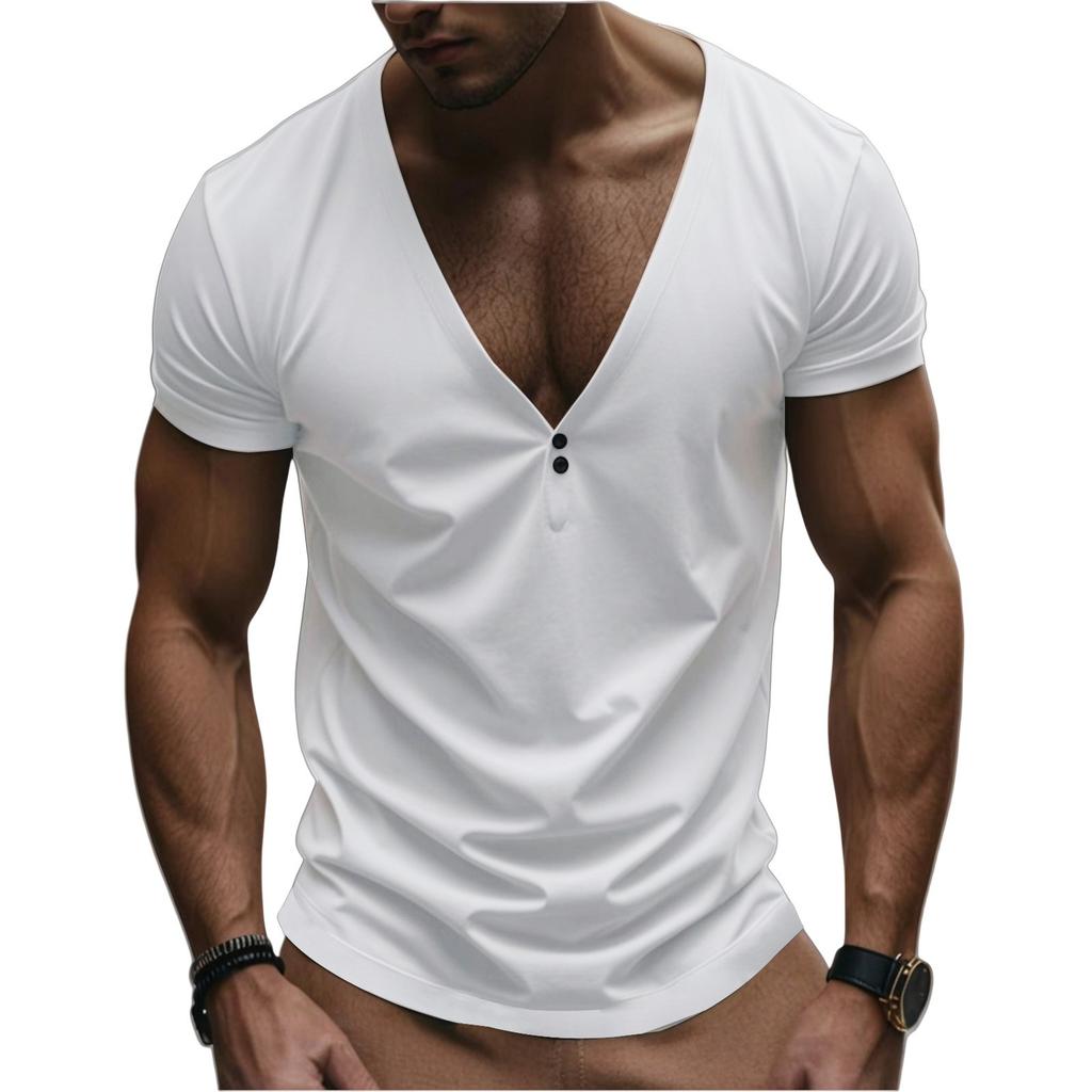 Men's Short Sleeve Button Casual Men's V-neck Color T-shirt