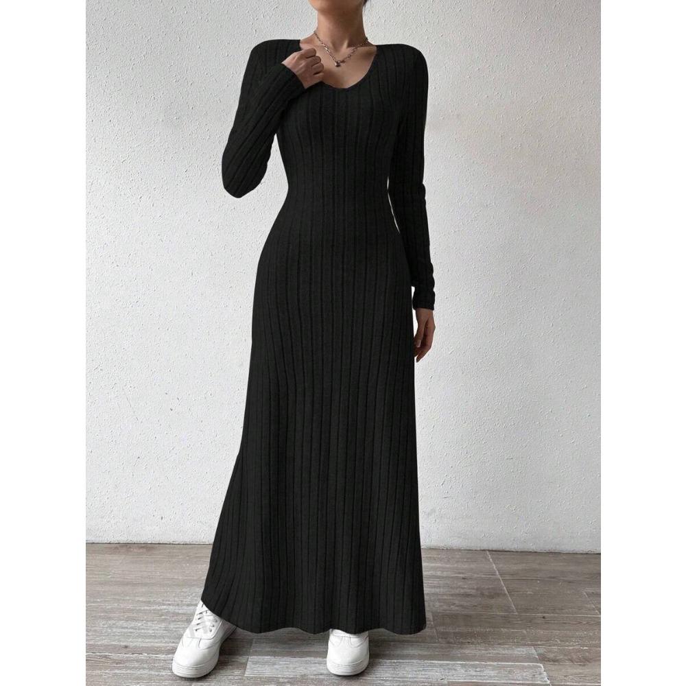 Fashion Slim A-line Maxi Dress for Women Autumn Winter Solid V-neck Bodycon Dress Long Sleeve Elastic Knitted Wedding Dresses
