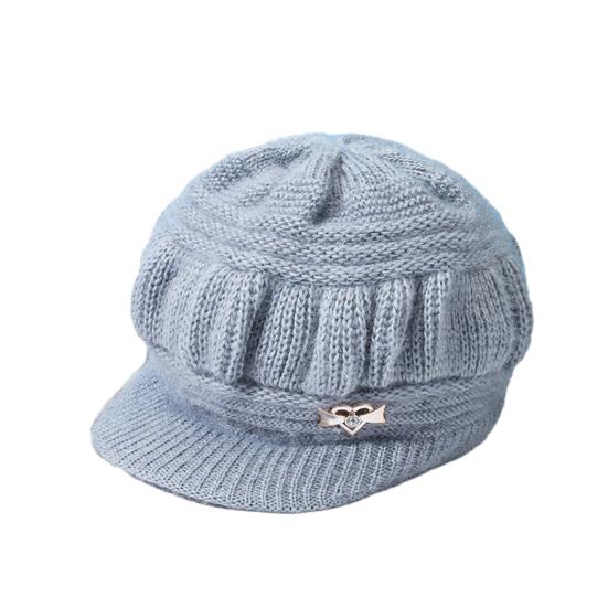 Mid-aged Women Winter Hat Thickened Knitted Elastic Short Brim Heart Rhinestone Decor Pure Color Windproof Warm Head Protection Lady Cap