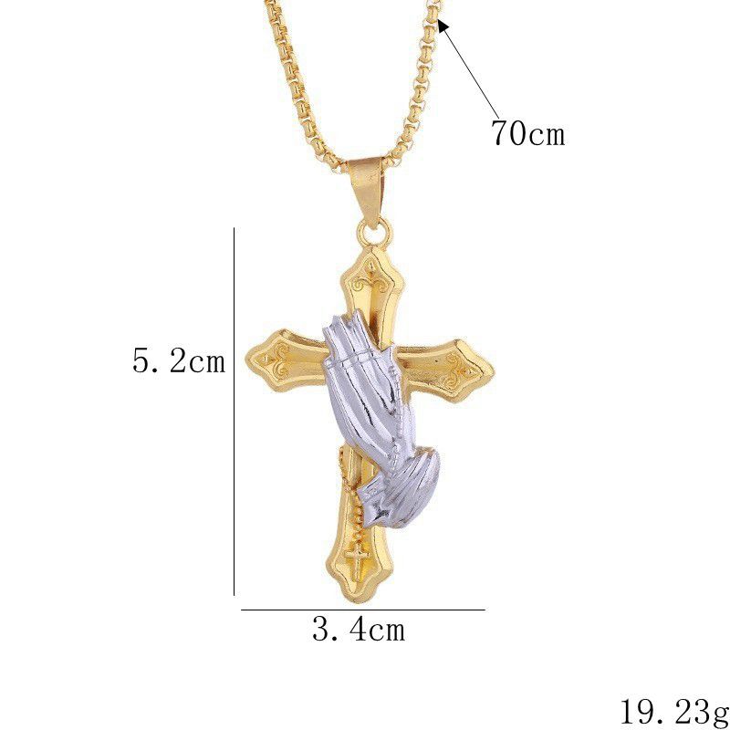 Versatile European and American Hip Hop Trendy Prayer Gesture Cross Necklace Trendy Hip Hop Titanium Steel