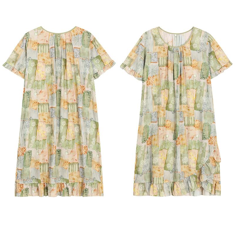 1011 spring and summer new oil painting style nightdress women's cotton and silk loose large size ruffle edge short-sleeved loungewear dress
