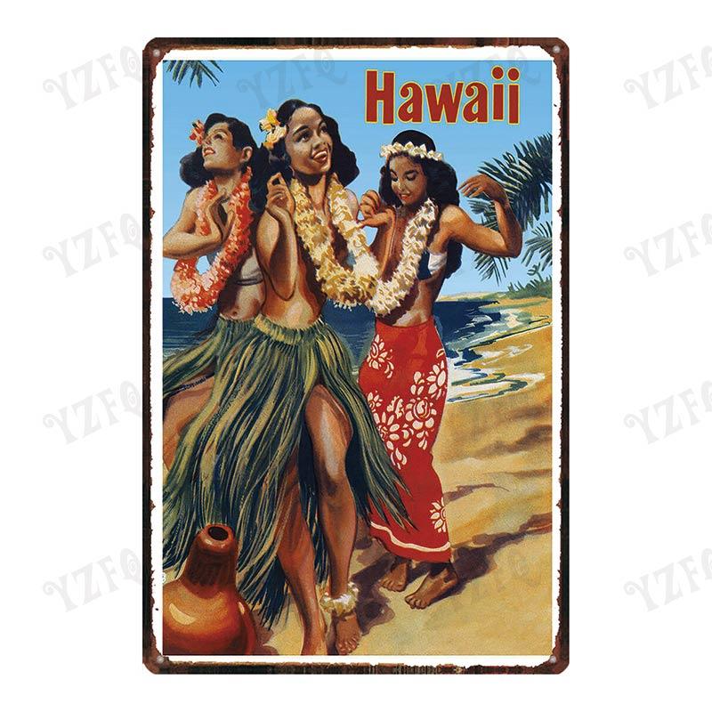 Vintage Hawaii City Painting with Hula Dancers  Metal Travel Tin Sign for Wall Decor In Pubs Cafes and Homes  Beach Metal Pla