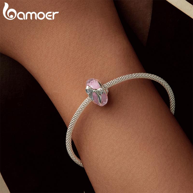 BAMOER Solid 925 Sterling Silver Bowknot Murano Charm Bead fit Original Bracelet DIY Bamoer Charm for Jewelry Making