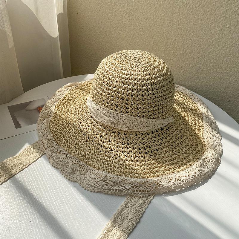 Hat Women's Straw Hat Trendy Versatile Summer Thin Breathable Lace Hollow Small Fresh Windbreak Rope