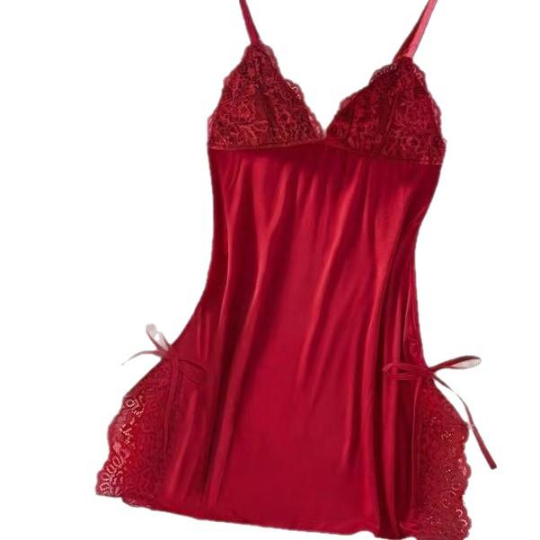 2025 New European & American Lingerie: Sexy Deep V Nightdress with Lace Slit and Straps