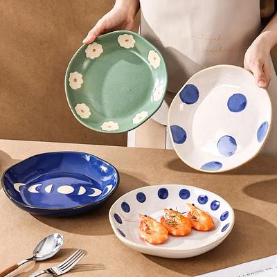 Japanischer Vintage-Teller mit handbemalten Punkten und Gänseblümchen-Keramik, tiefe Teller, kreativer Mondstern-Steak-Teller, flacher Teller, handgefertigte Salat- und Abendessengerichte