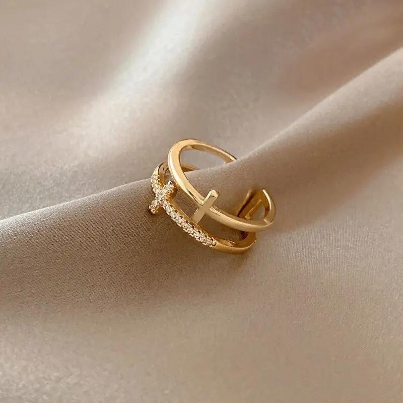 Gold Double Cross Zircon Ring for Women, Luxury Vintage Shiny Zircon Inlaid Finger Ring Fashion Jewelry Gift