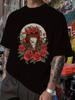 Black T-shirt with Vibrant Red Roses and Skull Design - Hip-Hop Style