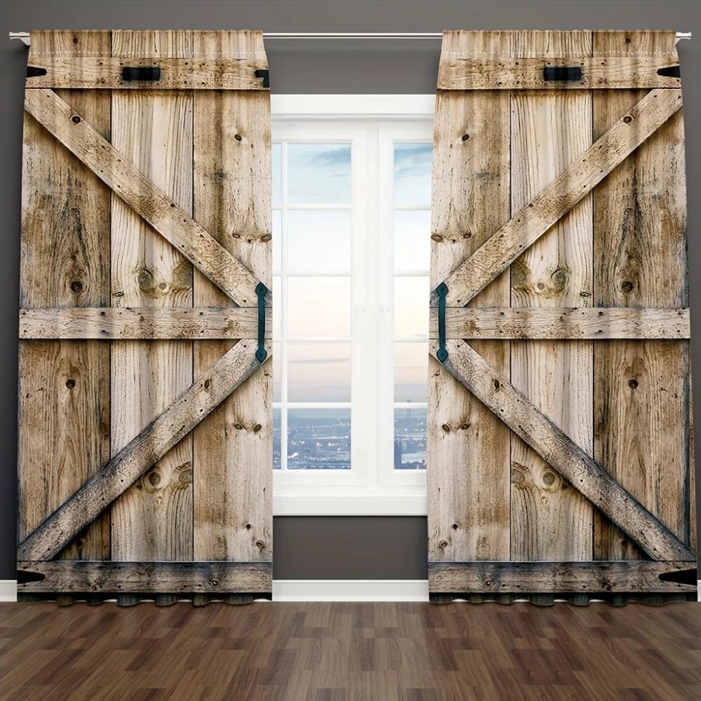 Retro Country Style Light Filtering Colour Wooden Door Patterned Curtains Farm Barn Retro Style Background Window Drapes for Living Room Bedroom