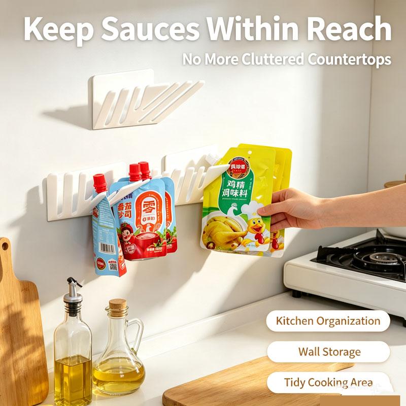Punch Free Wall Mounted Seasoning Packet Storage Rack, Kitchen Spice Sauce Bag Organizer Holder for Refrigerator & Wall