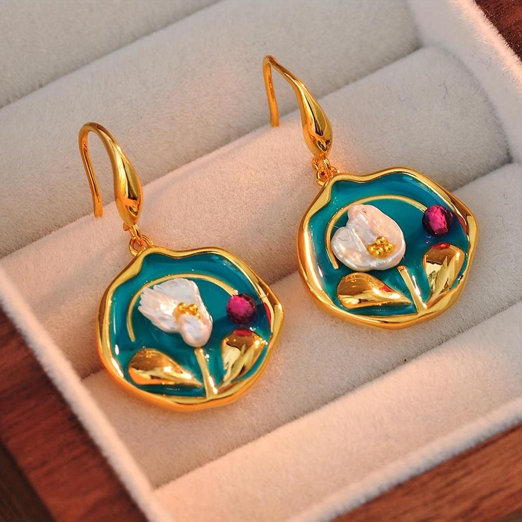 Fashion Drop Earrings For Women's Jewelry French Retro Green Oil Painting Vintage Flower Stud Earrings Luxury Court Style