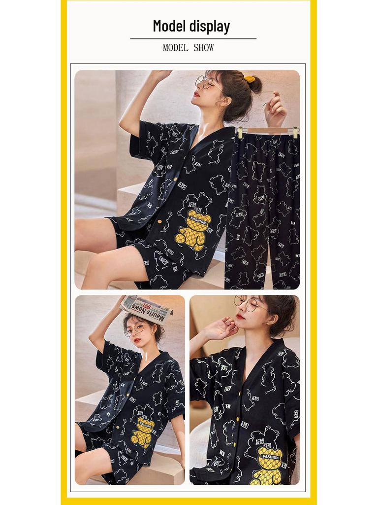 Kuromi Japanese-Style Cotton Pajamas: Women's Summer Lapel Sweet Cardigan Homewear Three-Piece Set
