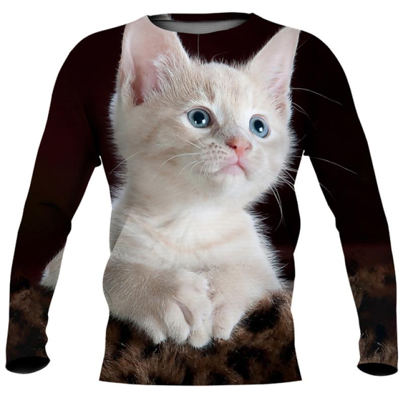 Cute Cat Print Imitation Cotton Long Sleeve Men's T-shirts Spring O-Neck Casual Loose Tee Streetwear Unisex Clothing EU Size 5XL