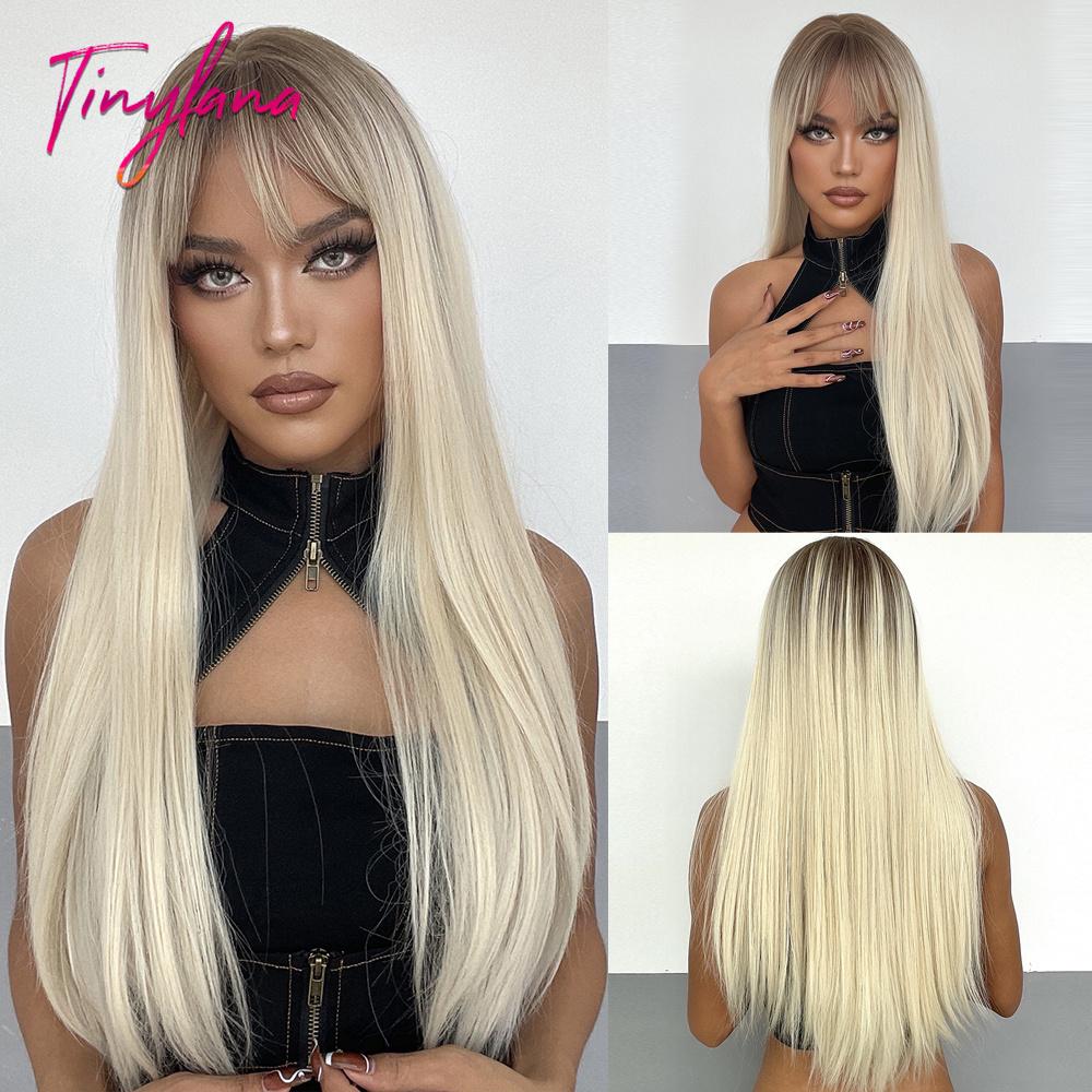 Long Straight Synthetic Wig with Bangs Dark Black Gray Hair Wigs for Women Cosplay Natural Hair Heat Resistant Layered Wigs