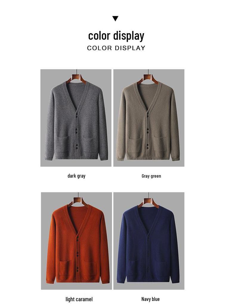 Men's V-Neck Pure Wool Cardigan, Plus Size, Middle-Aged & Elderly, Loose Fit, Solid Color, Casual Knit Outerwear for Autumn & Winter.