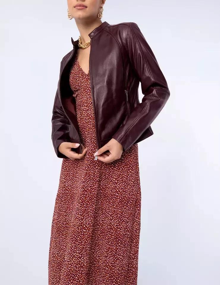 

Бордовая приличная куртка в мотоциклетном стиле из натуральной мягкой кожи ягненка для женщин 2XL бордовый