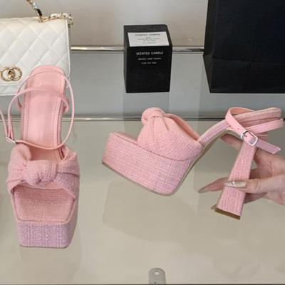Luxury Retro Woven Bow High Heels Ankle Strap Waterproof Platform Super High Heel Women Sandals Fashion Comfortable Slide Sandal