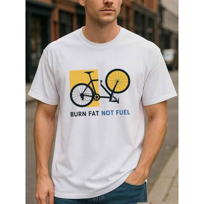 European Sizes Men'S Bike Graphic T-Shirt - "Burn Fat Not Fuel" Cycling Design, Loose Fit Casual Short Sleeve Tee for Gym, Commuting