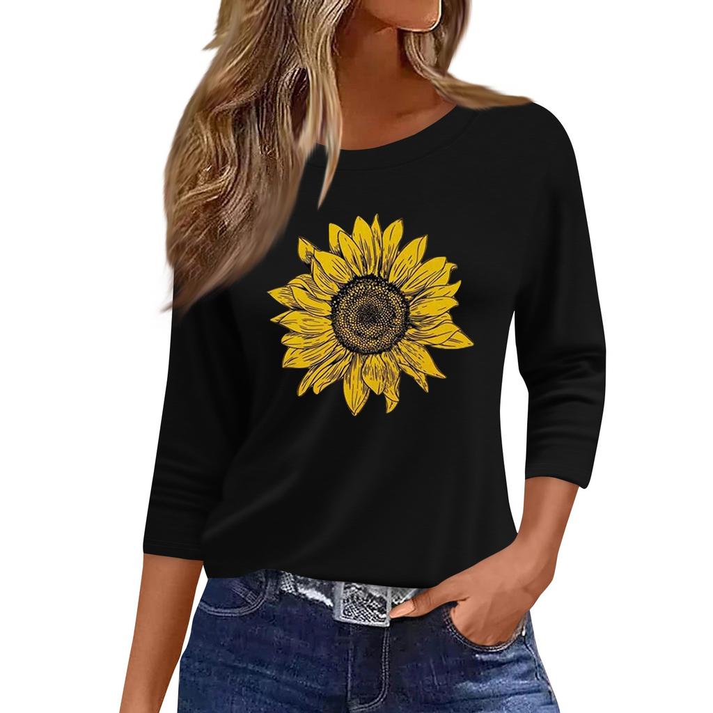 Women's Fashion Casual Round Neck 3/4 Sleeve Loose  Printed T-Shirt Ladies Top