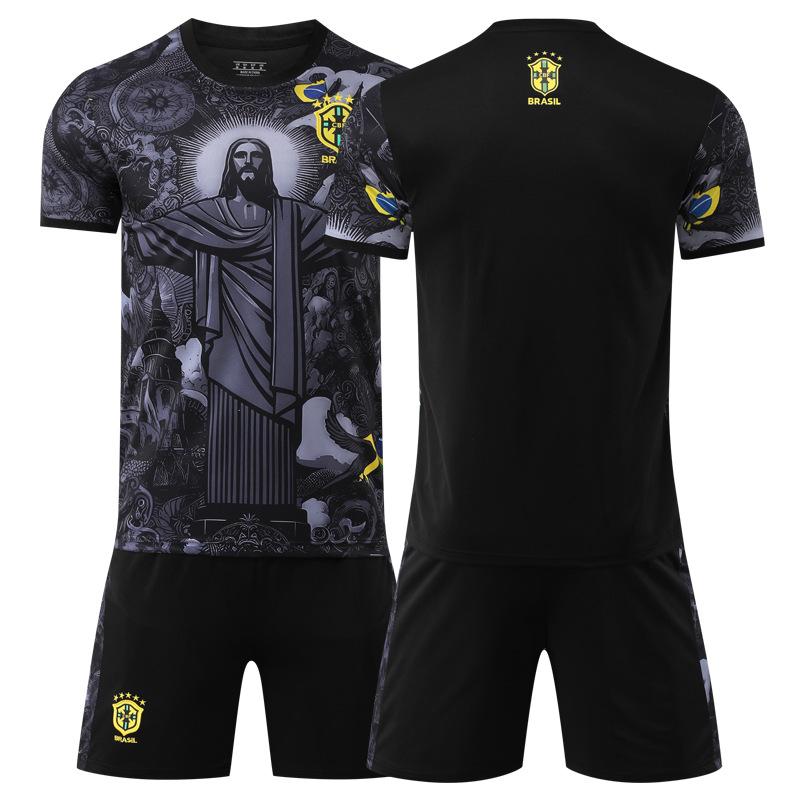 2025 Brazilian football jersey set 25 special edition black quick-drying men s new cross-border jersey short-sleeved jersey summer children s size 16/height 95-105cm