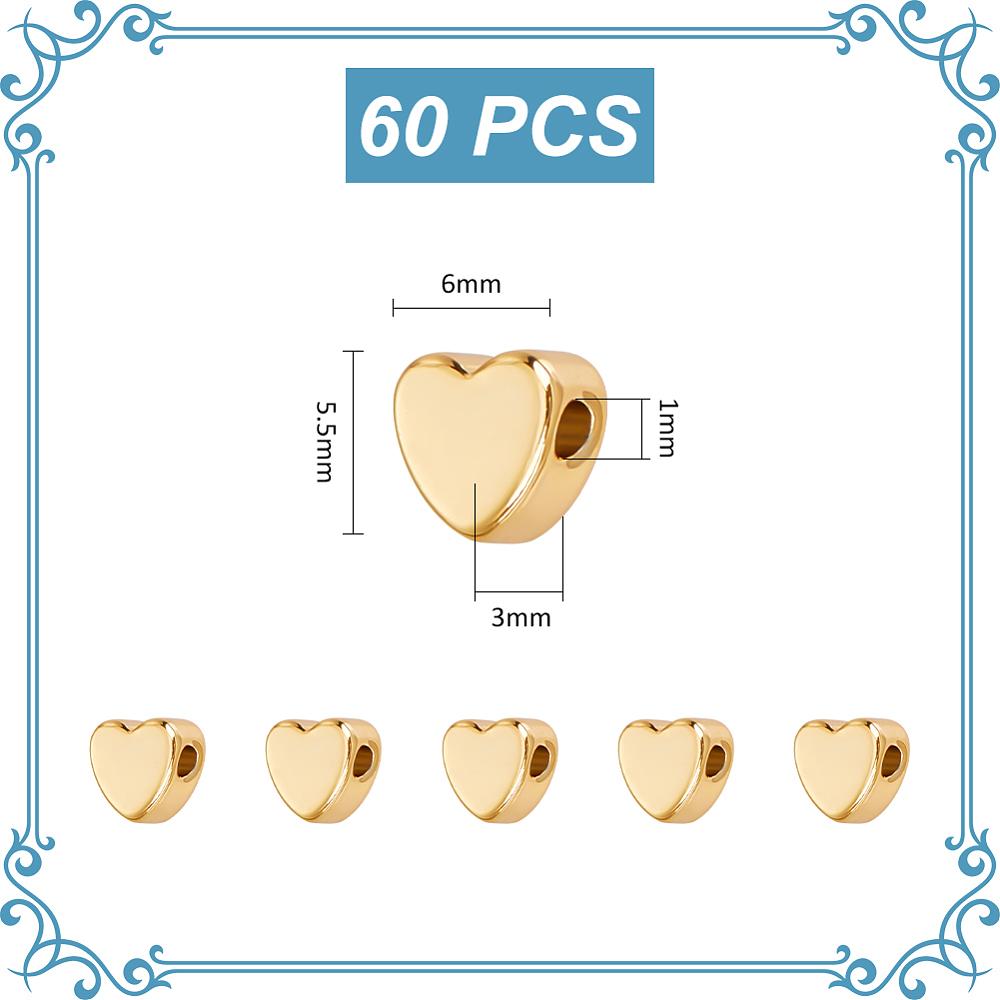 60Pcs Brass Beads, Nickel Free, Heart, Real 18K Gold Plated, 6x3mm, Hole: 1mm