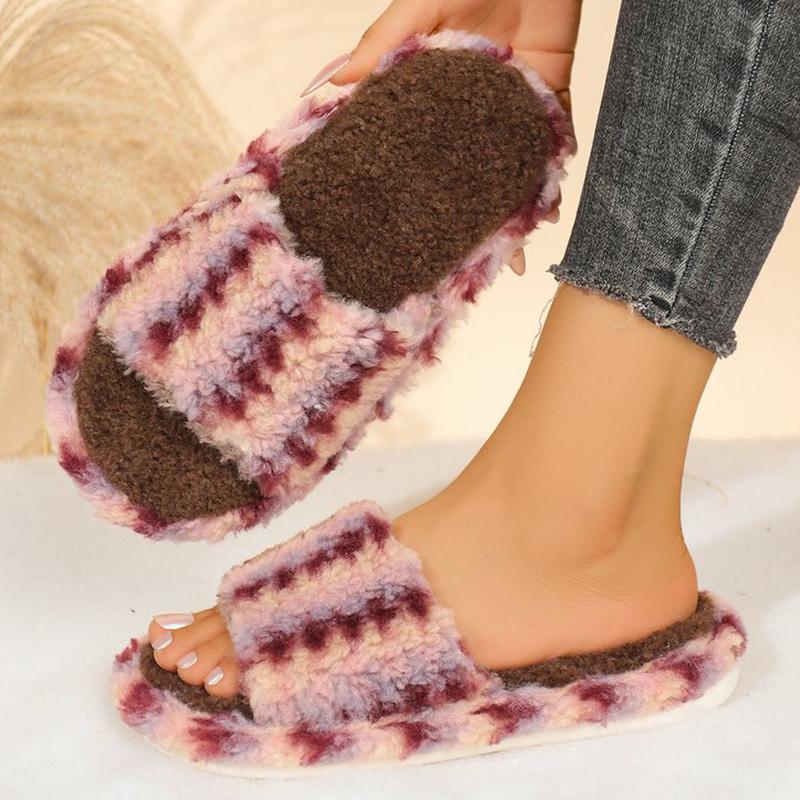 Fashion Retro Soft Bottom Cotton Slippers Women 2025 Striped Mix Color Women's Cotton Slippers Open Toe Slip On Plush Slides Mujer