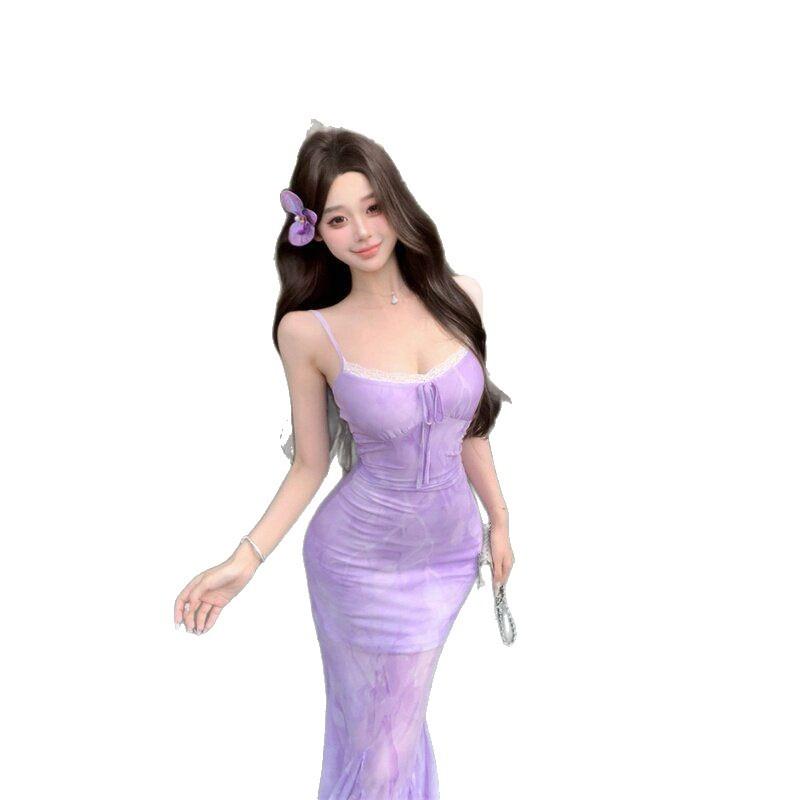 Yunnan holiday wind green floral suspender dress is beautiful, unique and beautiful, waist slim, hip wrap, fishtail skirt summer