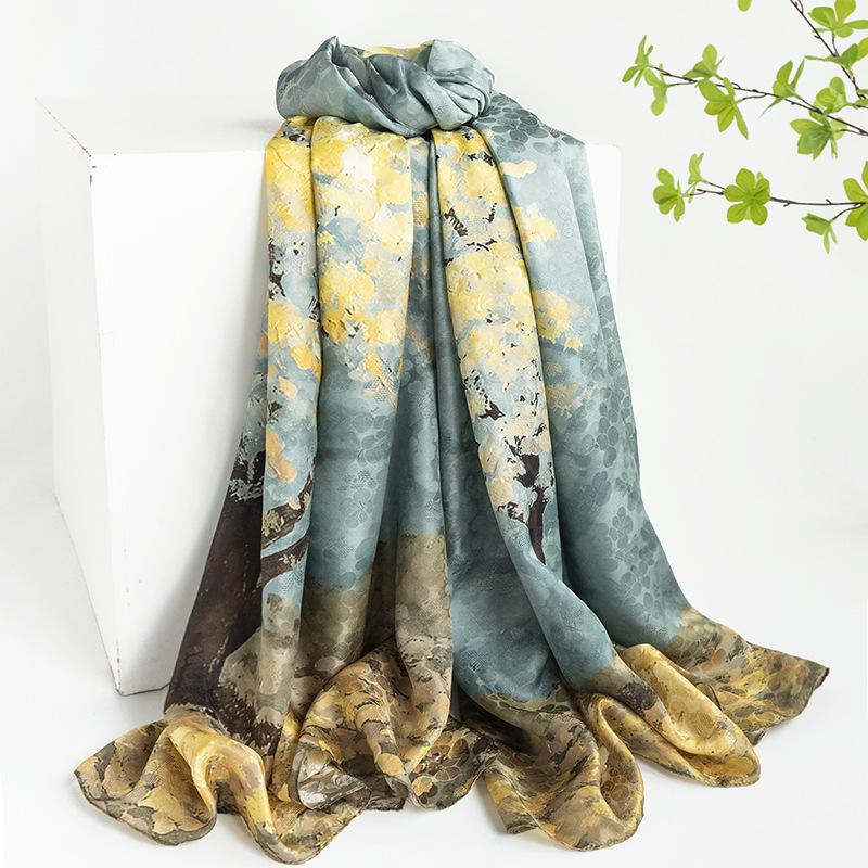Mulberry silk silk scarf gift box  spring and summer versatile Xiangyang oil color printing long yarn sunscreen shawl