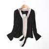 Export Export Knotted Ethnic Style Contrast Color Niche Style Viscose Shirt Women's Long Sleeve V Neck Pullover Tops