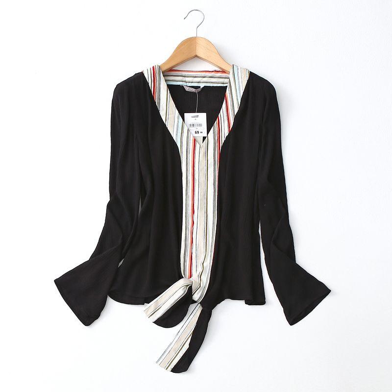 Export Export Knotted Ethnic Style Contrast Color Niche Style Viscose Shirt Women's Long Sleeve V Neck Pullover Tops