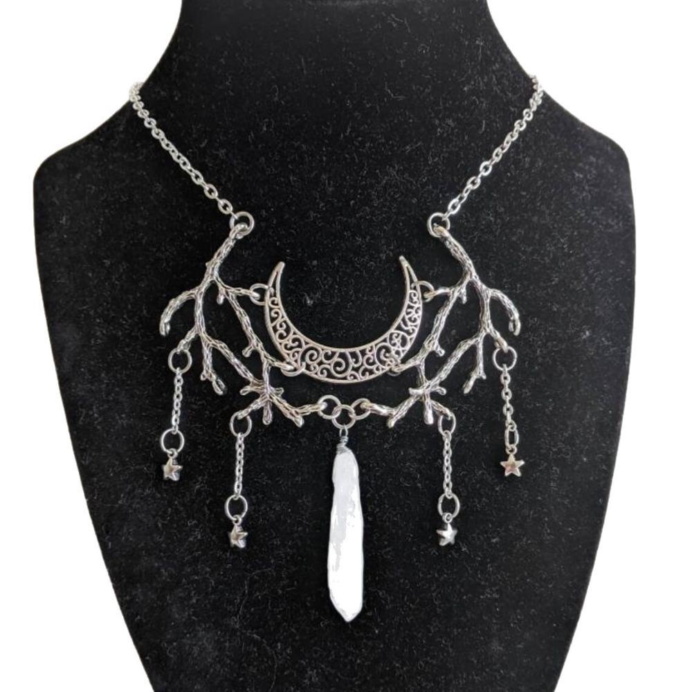 Bohemia Temperament Sliver Color Hollowed-out Moon Stars Tassel Irregular Crystal Pendant Necklace for Women Magic Witch Jewelry
