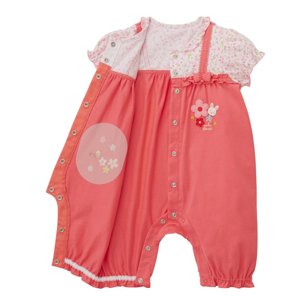 Shortall Short Floral Made In Baby Pink [Miki House] Romper, Sleeve, 3/4 Length, Pattern, Rabbit, Japan, Girls, Baby, Kids, Clothes, Infant,