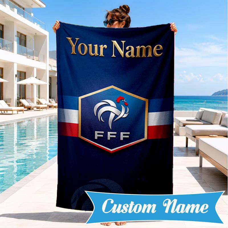 Custom Name France Football Emblem Personalized Microfiber Beach Towel, Quick-Dry, Ideal for Summer Travel, Beach Essential, Swimming